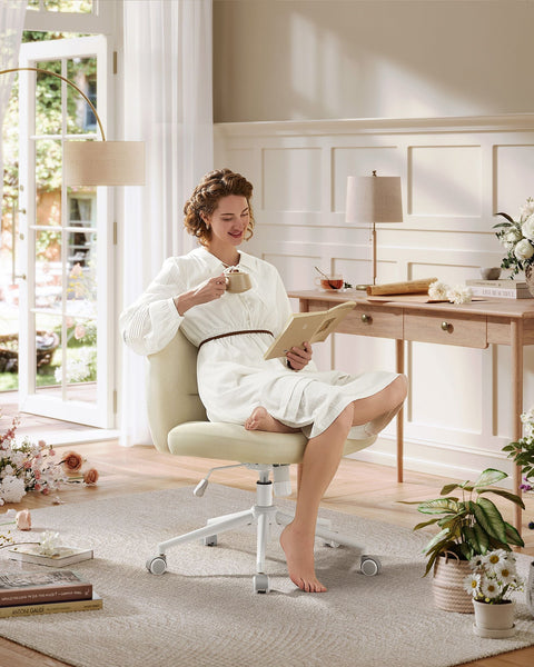 Rootz Ergonomic Office Chair - Wide Seat - Cream White - Steel Frame - Cotton-Linen Blend - Adjustable Height - 70cm x 70cm x 82-90cm