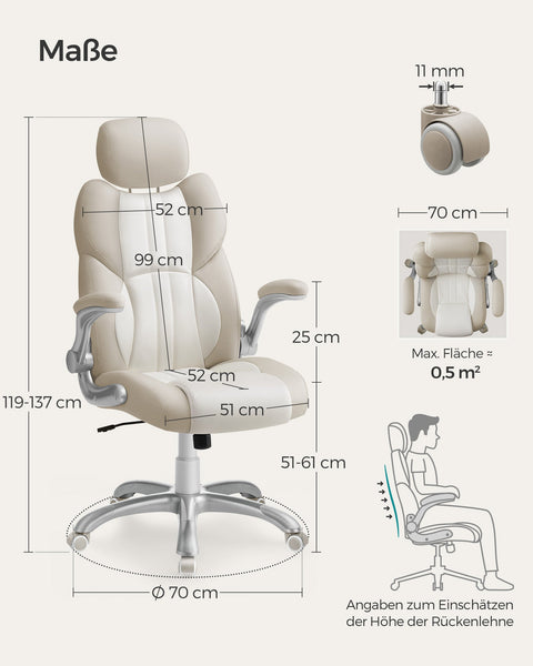 Rootz Cream White Office Chair - Ergonomic Desk Chair - Adjustable Seat Height - Plywood Frame - Steel Structure - 70cm x 70cm x (119-137) cm