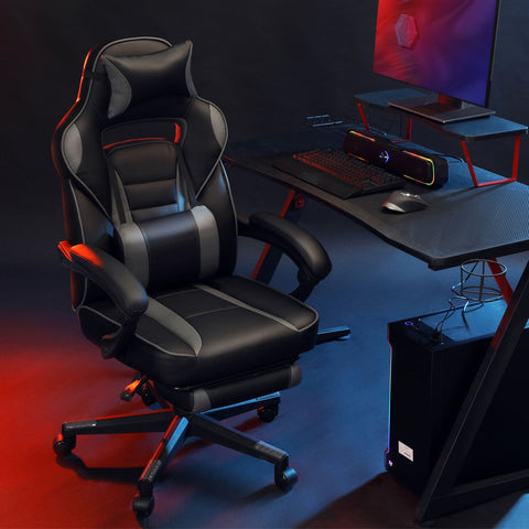 Rootz Gaming Chair - Racing Style Chair - Liggende bureaustoel - Zwart-grijs - PU-kunststof - Schuim met hoge dichtheid - Staal - Nylon - 67 cm x 66 cm x 126 cm - Comfortabel zitkussen - Verstelbare voetsteun - Ergonomisch ontwerp