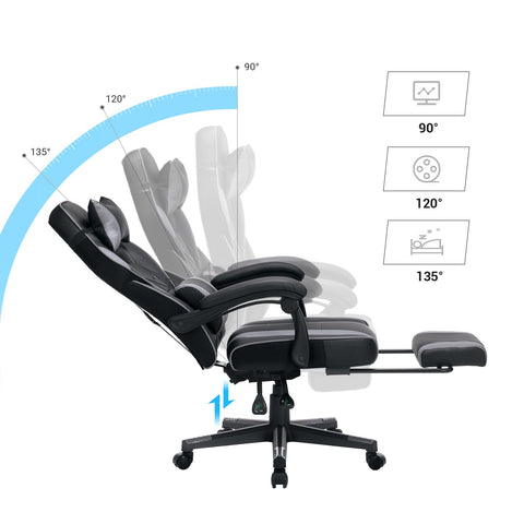 Rootz Gaming Chair - Racing Style Chair - Liggende bureaustoel - Zwart-grijs - PU-kunststof - Schuim met hoge dichtheid - Staal - Nylon - 67 cm x 66 cm x 126 cm - Comfortabel zitkussen - Verstelbare voetsteun - Ergonomisch ontwerp