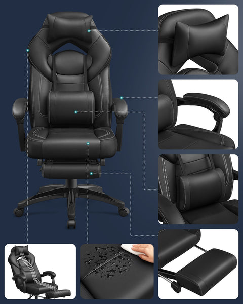Rootz Gaming Chair - Racing Chair - Ergonomic Chair - Lumbar Support - Adjustable Headrest - Reclining Backrest - Faux Leather - 70cm x 64cm x 128cm