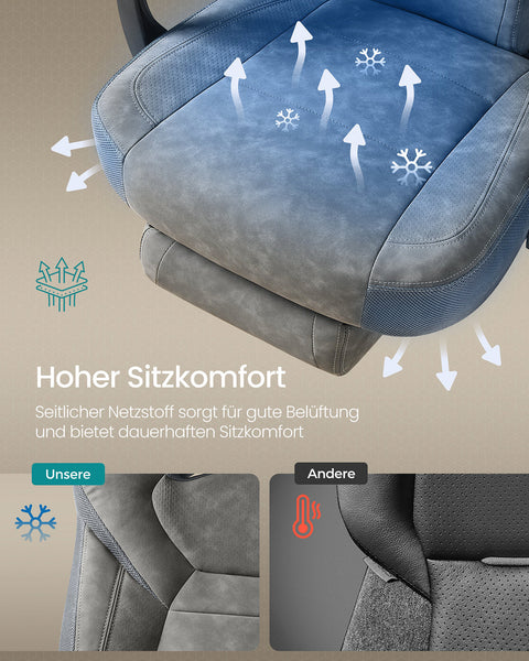 Rootz Grey Gaming Chair - Suede Leather - Adjustable Ergonomic Seating - Supports 150kg - 72.4cm x 69.7cm x (118-128)cm