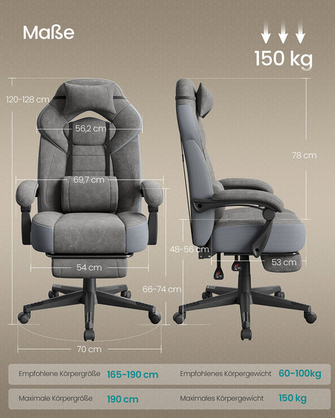 Rootz Grey Gaming Chair - Suede Leather - Adjustable Ergonomic Seating - Supports 150kg - 72.4cm x 69.7cm x (118-128)cm