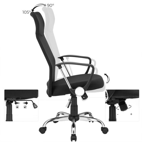 Rootz Ergonomic Office Chair - Desk Chair - Task Chair - Height Adjustable - Comfortable Seat - Rocking Function - Black - Steel Frame - Foam Padding - Polyester - Nylon Wheels - 63cm x 63cm x (110-120)cm