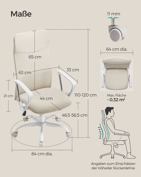 Rootz Cappuccino Beige Office Chair - Steel Frame - Foam Padding - Adjustable Height - 64cm x 64cm x (110-120)cm - Ergonomic Design