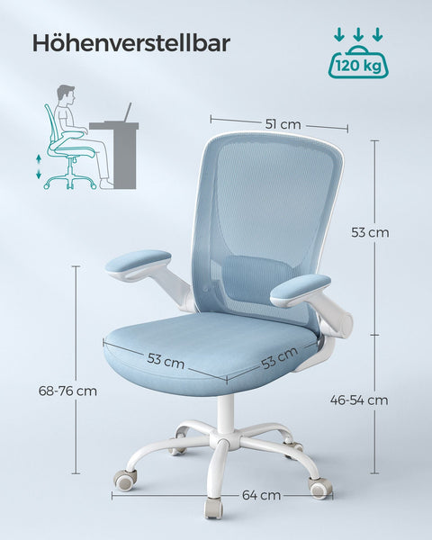 Rootz Mist Blue Ergonomic Office Chair - Desk Chair - Swivel Chair - Plastic Foam Nylon Steel - Adjustable Height - Lumbar Support - Breathable Material - 64cm x 64cm x (99-107)cm