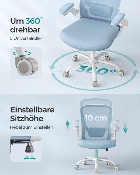 Rootz Mist Blue Ergonomic Office Chair - Desk Chair - Swivel Chair - Plastic Foam Nylon Steel - Adjustable Height - Lumbar Support - Breathable Material - 64cm x 64cm x (99-107)cm