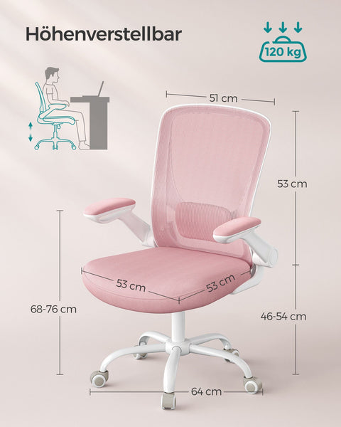 Rootz Pastel Pink Ergonomic Office Chair - Swivel Chair - Adjustable Desk Chair - Plastic, Foam, Nylon, Steel - 64cm x 64cm x (99-107)cm - 46-54cm Seat Height - 120kg Weight Capacity