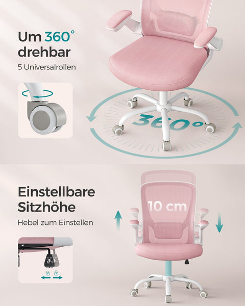 Rootz Pastel Pink Ergonomic Office Chair - Swivel Chair - Adjustable Desk Chair - Plastic, Foam, Nylon, Steel - 64cm x 64cm x (99-107)cm - 46-54cm Seat Height - 120kg Weight Capacity