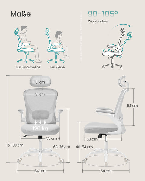 Rootz Ergonomic Office Chair - Desk Chair - Task Seating - Supports Posture - 64cm x 64cm x (115-130)cm