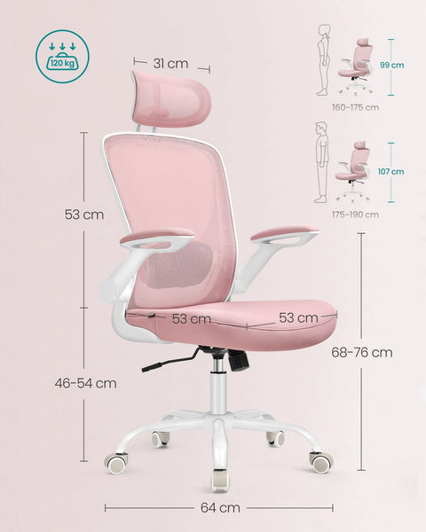 Rootz Ergonomic Office Chair - Rocking Chair - Swivel Chair - Pastel Pink - Foam Padding - 64cm x 64cm x (115-130cm) - Plastic, Nylon, Steel