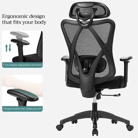 Rootz Ergonomic Black Office Chair - Swivel Chair - Adjustable Desk Chair - Foam Padded - Steel Frame - 68cm x 66cm x (114-123.5)cm - Polyester Fabric - 45-54.5cm Seat Height - 150kg Capacity