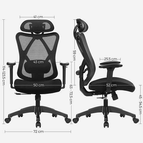 Rootz Ergonomic Black Office Chair - Swivel Chair - Adjustable Desk Chair - Foam Padded - Steel Frame - 68cm x 66cm x (114-123.5)cm - Polyester Fabric - 45-54.5cm Seat Height - 150kg Capacity