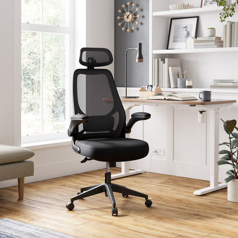 Rootz Ergonomic Office Chair - Black Desk Chair - Swivel Chair - Steel Frame - Nylon Wheels - Polyester Upholstery - Foam Padding - 64cm x 62cm x (117-127)cm - Adjustable Seat Height - Comfortable Armrests - Supportive Backrest