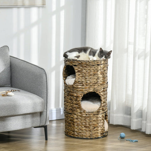 Rootz Cat Scratching Barrel - Cat Tower - Feline Hideout - Viewing Platform - Water Hyacinth - 40cm x 73cm - Dark Brown