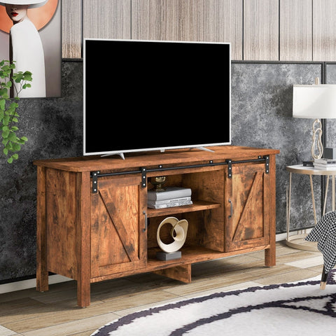 Rootz Industrial-Design TV Stand - Rustic Barn Door - Durable Media Console - Cable Management - 120L x 40W x 60.5H cm