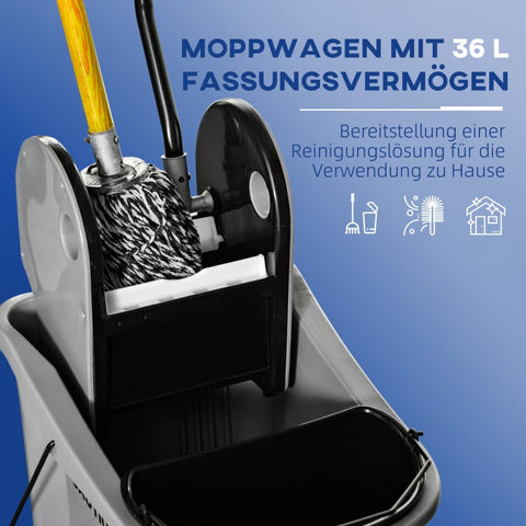 Rootz Industrial Cleaning Cart - Janitorial Cart - Mop Bucket - 36L Capacity - Water Separator - Non-Marking Wheels - Plastic and Metal - 54cm x 41.5cm x 91.5cm