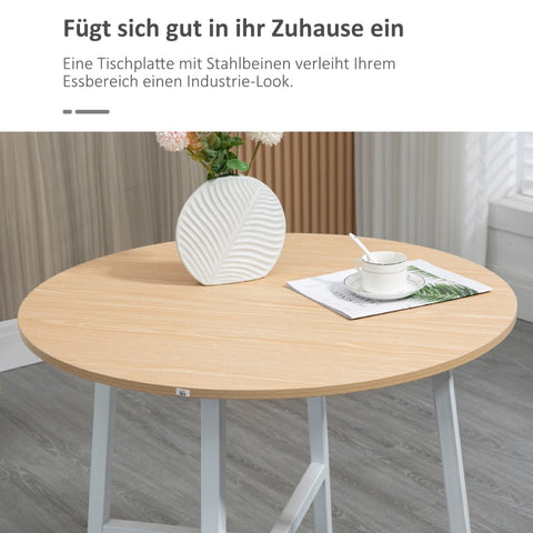Rootz Dining Table - Round Kitchen Table - Modern Style - Wood Table Top - Sturdy Metal Legs - 80cm x 76cm - Natural Wood & White