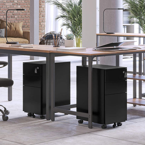 Rootz Rolling Container - Office Cabinet - Document Organizer - Steel Construction - Adjustable Hanging File Rods - Lockable Drawers - Fits Under Desk - Black - 30cm x 45cm x 60cm