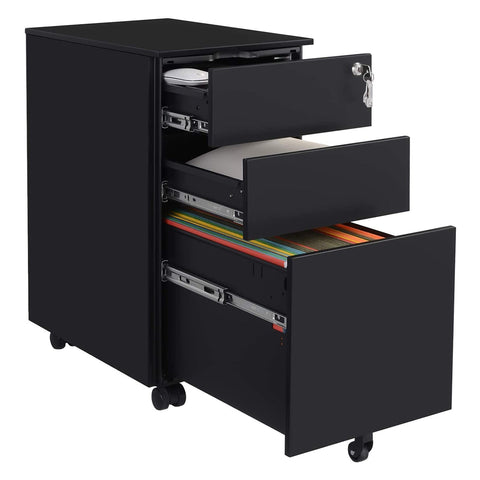 Rootz Rolling Container - Office Cabinet - Document Organizer - Steel Construction - Adjustable Hanging File Rods - Lockable Drawers - Fits Under Desk - Black - 30cm x 45cm x 60cm