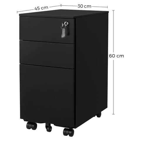 Rootz Rolling Container - Office Cabinet - Document Organizer - Steel Construction - Adjustable Hanging File Rods - Lockable Drawers - Fits Under Desk - Black - 30cm x 45cm x 60cm