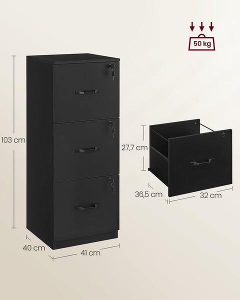 Rootz Filing Cabinet - Ink Black - Chipboard - 40cm x 41cm x 103cm - 23kg - Office Storage - 50kg Capacity