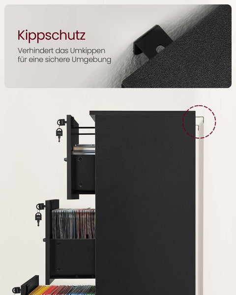 Rootz Filing Cabinet - Ink Black - Chipboard - 40cm x 41cm x 103cm - 23kg - Office Storage - 50kg Capacity
