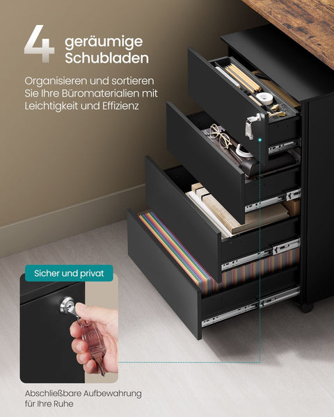 Rootz 3 Drawer Rolling Container - Steel Storage Organizer - Matte Black Finish - Heavy-Duty - 45cm x 39cm x 55cm