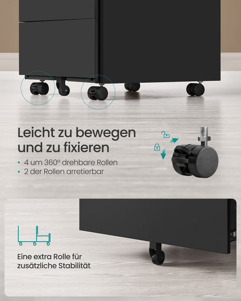 Rootz 3 Drawer Rolling Container - Steel Storage Organizer - Matte Black Finish - Heavy-Duty - 45cm x 39cm x 55cm