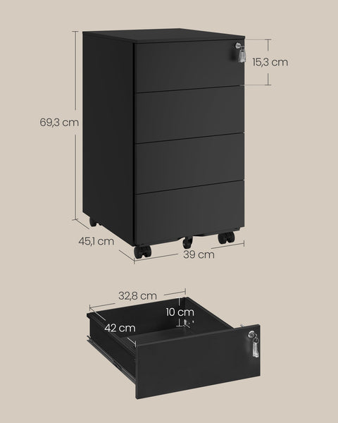 Rootz 3 Drawer Rolling Container - Steel Storage Organizer - Matte Black Finish - Heavy-Duty - 45cm x 39cm x 55cm