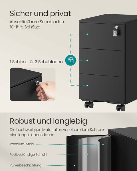 Rootz Roll Container - File Cabinet - Storage Unit - Durable Steel - 40cm x 30cm x 54cm - Black