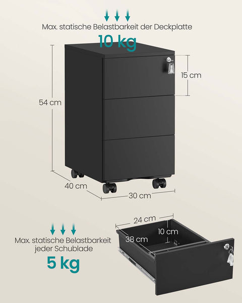 Rootz Roll Container - File Cabinet - Storage Unit - Durable Steel - 40cm x 30cm x 54cm - Black
