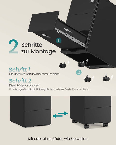 Rootz Roll Container - File Cabinet - Storage Unit - Durable Steel - 40cm x 30cm x 54cm - Black