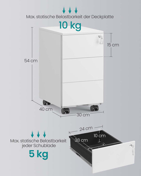 Rootz Steel Roll Container - Storage Unit - Drawer Organizer - Max 5kg Static Resilience -White - 40cm x 30cm x 54cm