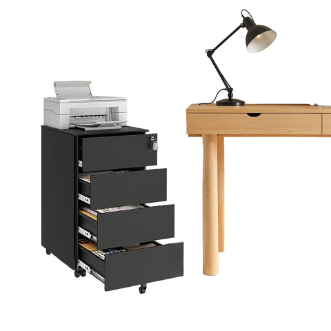 Rootz Roll Container with 3 Drawers - File Cabinet - Storage Organizer - Durable Steel - 45cm x 39cm x 55cm - Matt Black