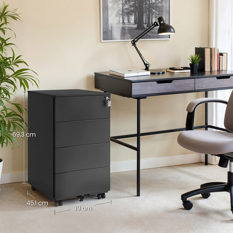 Rootz Roll Container with 3 Drawers - File Cabinet - Storage Organizer - Durable Steel - 45cm x 39cm x 55cm - Matt Black