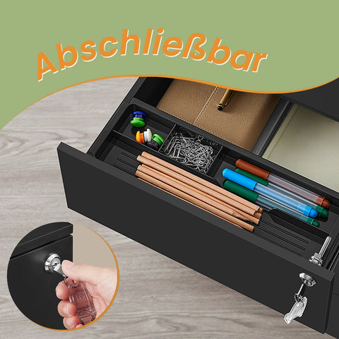 Rootz Roll Container with 3 Drawers - File Cabinet - Storage Organizer - Durable Steel - 45cm x 39cm x 55cm - Matt Black