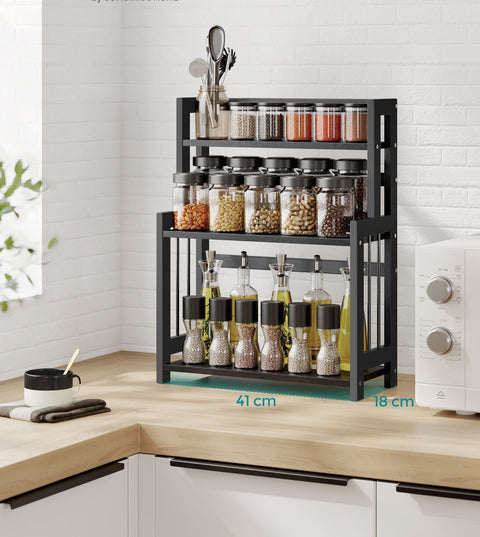 Rootz Spice Rack - 3 Tier Worktop Organizer - Bamboo Stand - MDF Frame - 18cm x 41cm x 53cm