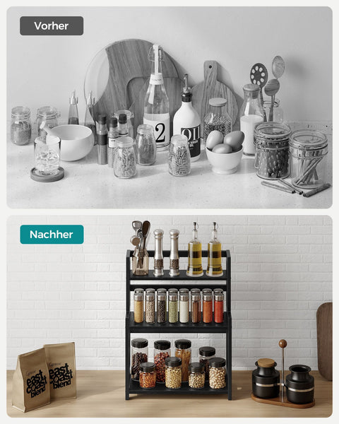 Rootz Spice Rack - 3 Tier Worktop Organizer - Bamboo Stand - MDF Frame - 18cm x 41cm x 53cm