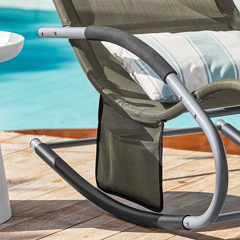 Rootz Elegant Ligstoel - Schommeltuinligstoel - Ligstoel - Ademende synthetische vezels - Afneembaar kussen - Geïntegreerde zijzakken - Zachte EVA-armleuningen - 150 kg laadvermogen - Afmetingen volgens afbeelding