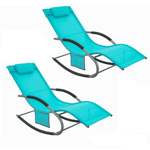 Rootz Set of 2 Garden Loungers - Sun Lounger - Rocking Chair - Breathable Synthetic Fiber - Removable Pillow - Integrated Side Pockets - Coated EVA Armrests - 150 kg Load Capacity - Dimensions as Illustrated - Turquoise