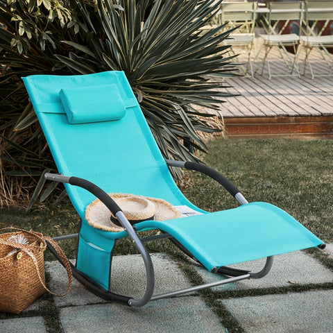 Rootz Set of 2 Garden Loungers - Sun Lounger - Rocking Chair - Breathable Synthetic Fiber - Removable Pillow - Integrated Side Pockets - Coated EVA Armrests - 150 kg Load Capacity - Dimensions as Illustrated - Turquoise