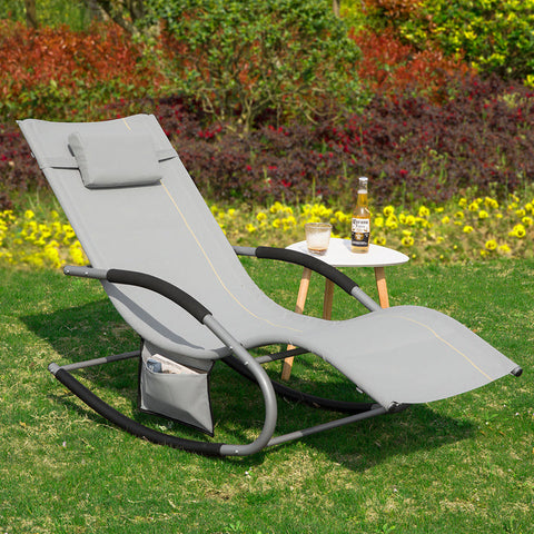Rootz Elegant Sun Lounger - Rocking Garden Lounger - Deck Chair with Side Bag - Breathable Synthetic Fiber - Removable Pillow - Soft EVA Armrests - 150 kg Load Capacity - Dimensions as per Illustration