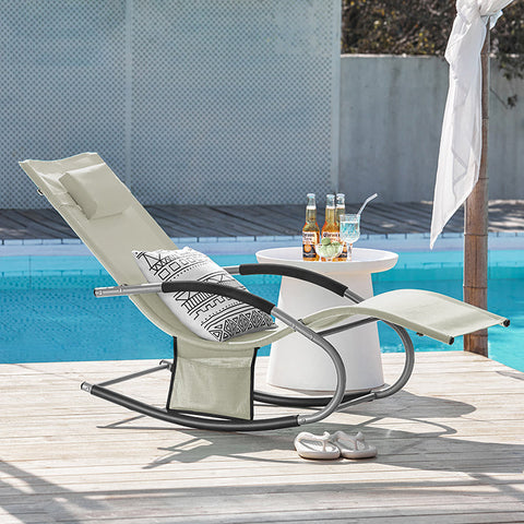 Rootz Garden Lounger - Sun Lounger with Bag - Deck Chair - Breathable Synthetic Fiber Fabric - Removable Pillow - Integrated Side Pockets - Soft EVA Armrests - Dimensions as per Illustration
