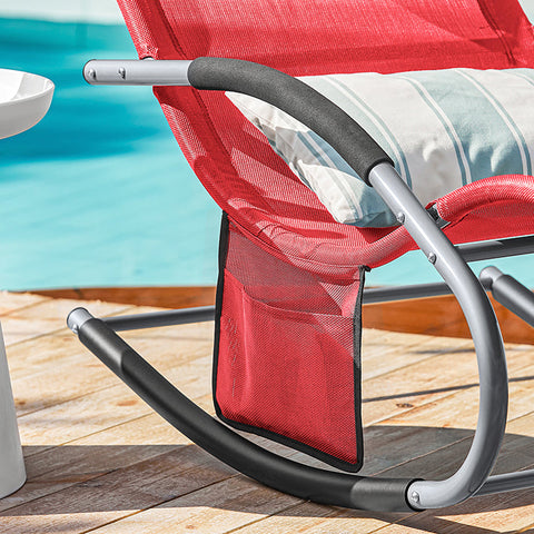 Rootz Garden Lounger - Sun Lounger with Bag - Deck Chair - Breathable Synthetic Fiber Fabric - Removable Pillow - Integrated Side Pockets - Soft EVA Armrests - 150 kg Load Capacity - Dimensions as per Illustration