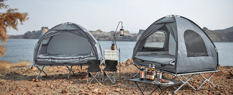 Rootz All-in-One Camping Set - Pop-Up Tent - Portable Camp Bed - Outdoor Sleeping System - Durable Oxford Nylon - Mosquito Protection - Easy Transport - 193cm x 160cm x 86cm - Light Gray