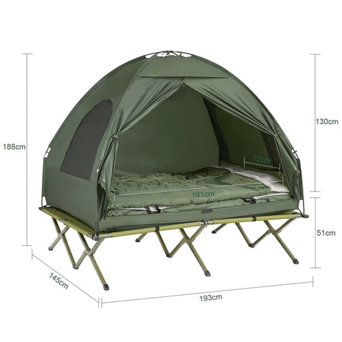 Rootz All-in-One Camping Set for 2 - Pop-Up Tent - Camp Bed - Camping Lounger - Waterproof - Easy Assembly - Durable Oxford Nylon - L193 x D145 x H188cm - Green