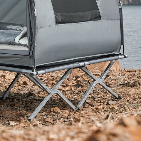 Rootz 4-in-1 Camping Tent Bundle for 2 People - Pop-Up Tent - Camp Bed with Lounger - Durable Oxford Nylon - Waterproof Polyester - Easy Transport - 193cm x 188cm x 145cm - Light Gray