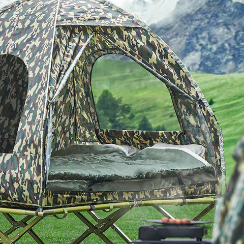 Rootz 4-in-1 Camping Tent Bundle for 2 People - Pop-Up Tent - Camp Bed with Lounger - Durable Oxford Nylon - Waterproof - Easy Assembly - 193cm x 188cm x 145cm - Camouflage Color
