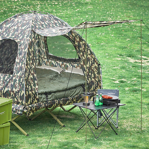 Rootz 4-in-1 Camping Tent Set with Awning - Pop-Up Tent - Camp Bed - Camping Lounger - Durable Oxford Nylon - Water-Resistant - Easy Transport - 193cm x 175cm x 145cm - Camouflage Color